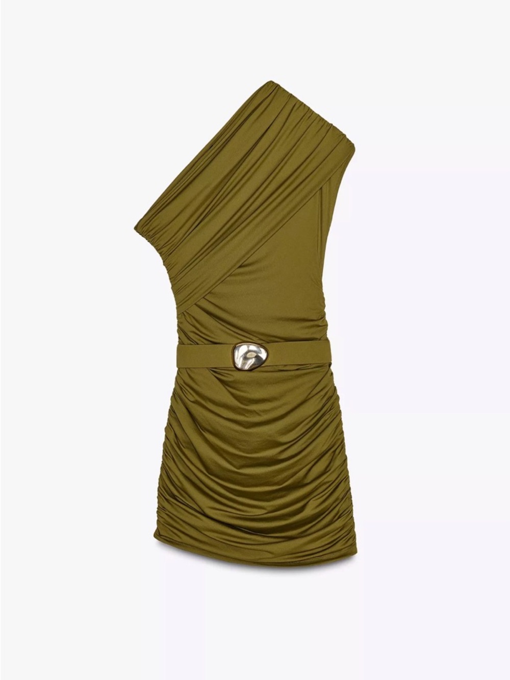 Zara Olive One-Shoulder Ruched Mini Dress with Statement Buckle